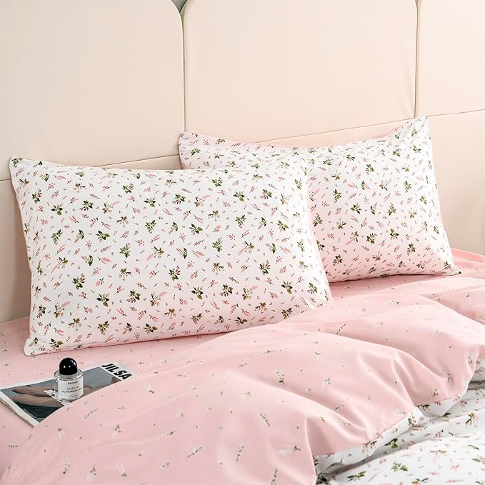 Duvet Cover King Floral 100% Brushed Microfiber 3 Pieces Fresh Chic Garden Style Pink Botanical Flower Printed Pattern King Floral Duvet Cover with Zipper Closure