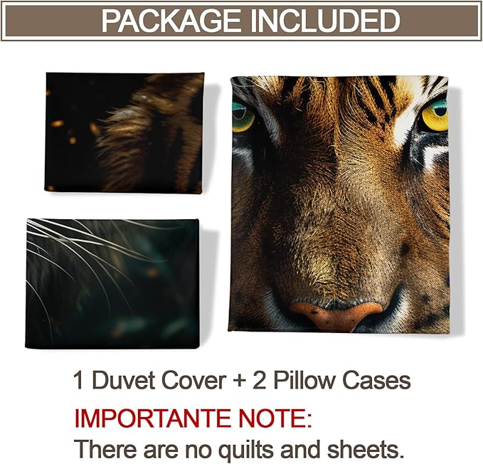 Tiger Duvet Cover Full Size, African Tiger Bedding Set 3 Piece Bedroom Decor Tropical Wild Animal Comforter Cover and 2 Pillow Sham with Zipper Closure
