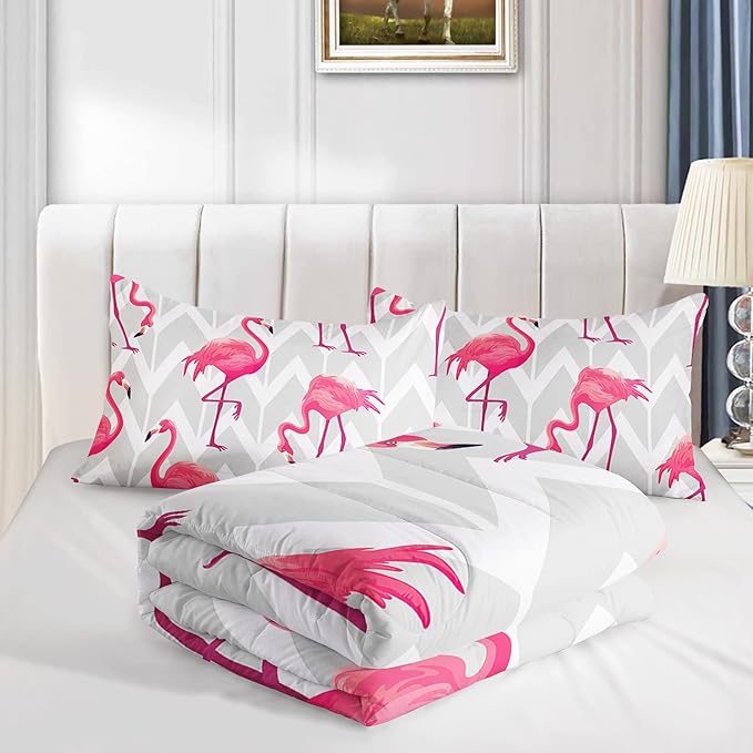 Flamingo Comforter Set Full Size Tropical Flamingo Geometric Stripe Bedding Set Flamingo Quilted Duvet for Kids Girls Boys Adult with 1 Comforter and 2 Pillowcases