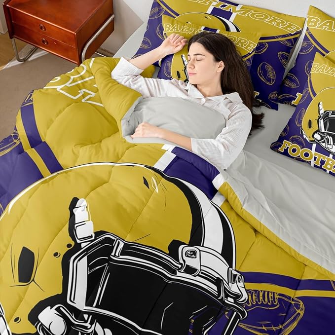 Feelyou Football Queen Comforter Set with Sheets for Kids Boys Girls Ball Games 7 Pieces Bedding Set Rugby Bed in a Bag City of Footballs Room Decor Rugby Sports Soft Lightweight