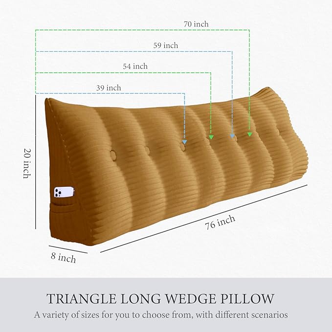 14 lbs Thickened King Wedge Pillow Headboard Body Positioner Triangular Reading Pillow Bed Bolster Pillow for Sitting Up in Bed with Removable Cover Corduroy