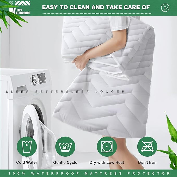 Unilibra Queen Size Waterproof Mattress Pad Rayon Made from Bamboo, Quilted Breathable Mattress Protector, 6''-25'' Deep Pocket Fitted Mattress Cover White