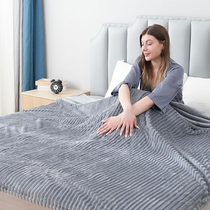 Electric Heated Blanket Full Size 72"x 84", Warming Striped Flannel with 10 Heating Levels & 1-12 Hours Auto Off, Ultra Soft and Thick, Machine Washable, Light Gray