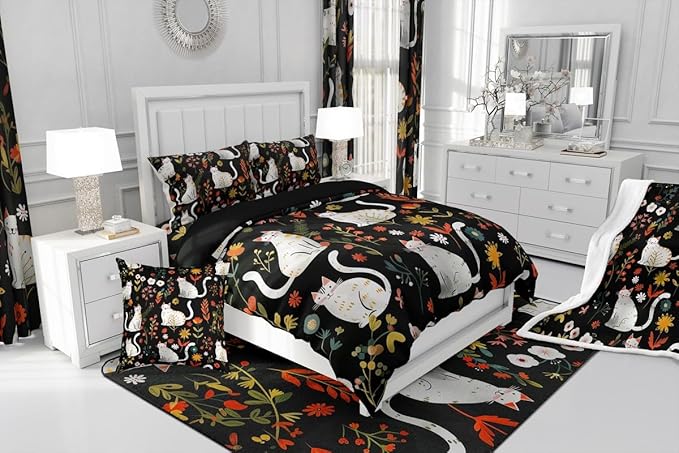 jejeloiu Cute Cat Bedding Set Soft for Boys Girls, Floral Flower Comforter Set Twin Size Nature Plants Duvet Quilt Microfiber Black Colorful Bedroom Decor 2 Pcs with 1 Pillow Cases