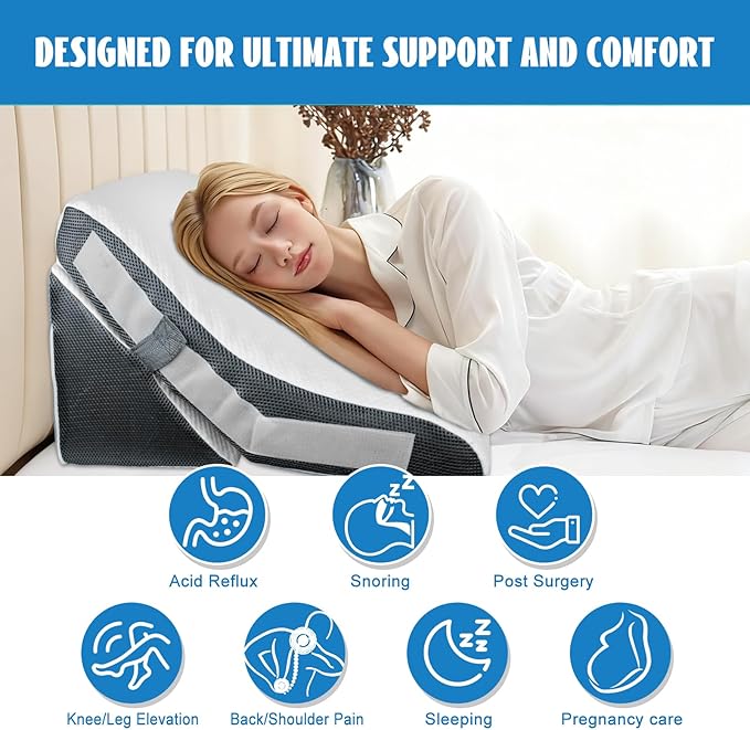 Wedge Pillow, 9&12" Adjustable Bed Wedge Pillow for Sleeping, Ergonomically Triangle Pillow for Back Pain Relief, Memory Foam Pillow Wedge for Post Surgery, Acid Reflux and Snoring, White/Grey