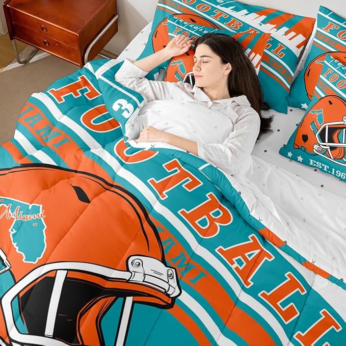 Erosebridal Queen Kids Comforter for Sports Fans Football City Bedding Sets, 7Pcs Sports Helmets Rugby Decor Comforter + Flat Sheet + Fitted Sheet + 2 Pillowcases + 2 Throw Pillow Covers