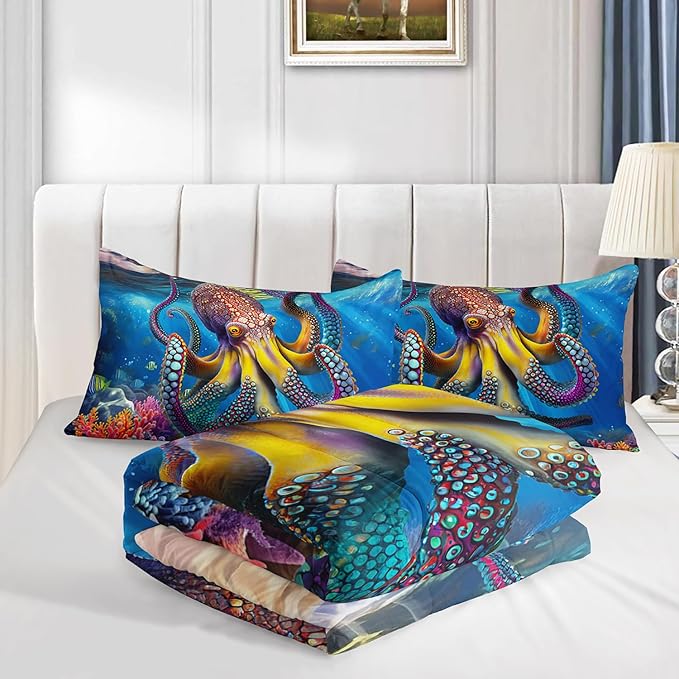 3D Octopus Comforter Set Queen Size 3Pcs Nautical Ocean Bedding Set Seaweed Quilt Bed Set for Boys Girls with 1 Comforter and 2 Pillowcases