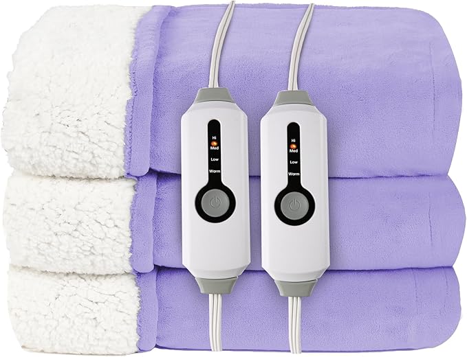 Electric Heated Blanket Queen Size 84"x90" - Coral Fleece & Sherpa Fabric Dual-Sided, 4 Heat Settings & 10 Hours Auto Off, Soft Warming Throw for Home, Office, or Bed, Machine Washable, Light Purple