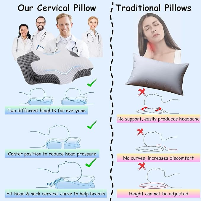 Ultra Pain Relief Cervical Neck Pillow for Side Sleepers, Ergonomic Cooling Memory Foam Pillows for Neck Pain Relief, Butterfly Pillow for Shoulder & Back, Removable & Washable Cover, Standard Size