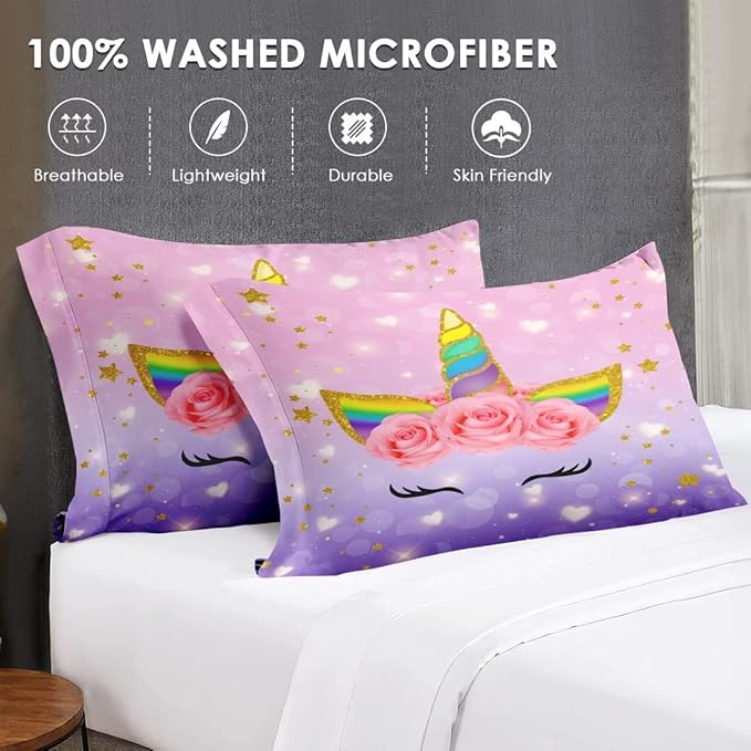 Queen Size Comforter Set with 2 Pillowcases & 2 Shams, Cute Cartoon Unicorn 7 Pcs Bedding for Kids and Teens, Rainbow Horse Flowers Bed in a Bag with Flat Fitted Sheet