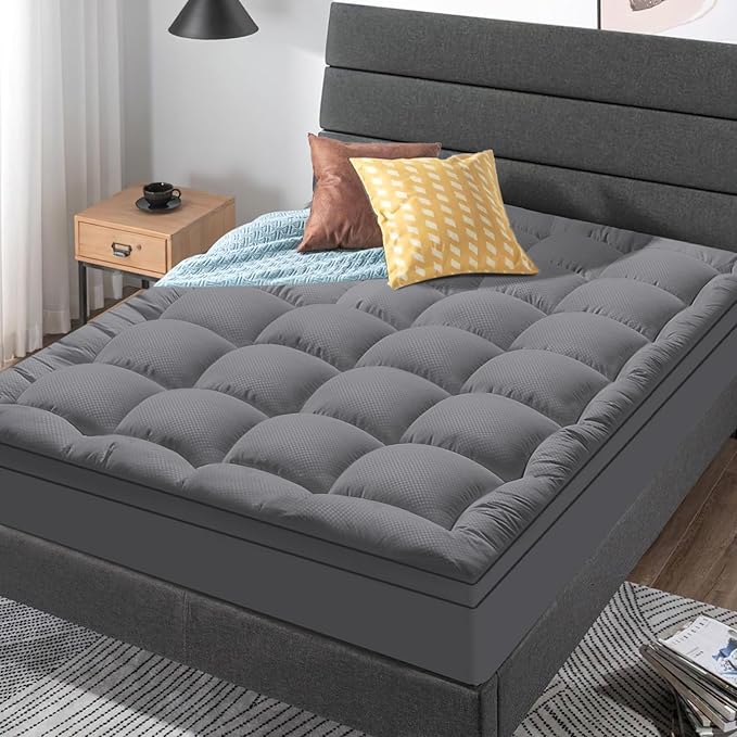 Full XL Mattress Topper for Back Pain, Cooling Extra Thick Mattress Pad Cover with 8-21 inch Deep Pocket, Plush Pillow Top Mattress Topper Overfilled with Down Alternative, Full Extra Long, Dark Grey