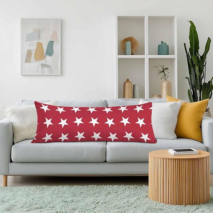 Decorative Home Body Pillow Covers Abstract American Stars Lumbar Body Pillow Cover Soft Body Pillowcase Breathable Pillow Cushion Cases for Bedroom Couch Sofa 20x54 Inch, White Red