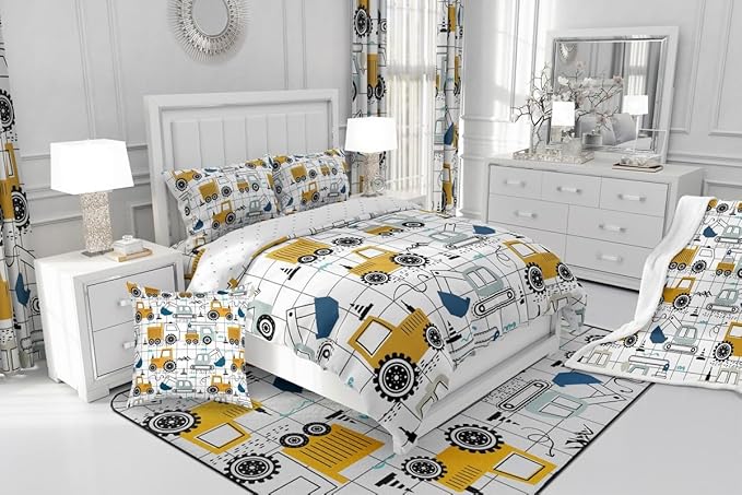 Feelyou Construction Comforter Set Full Size Kids Excavator Tractor Toddler Comforter Cartoon Car Equipment Trucks Plaid Grid Comforter Set Construction Vehicles White Yellow Duvet Set