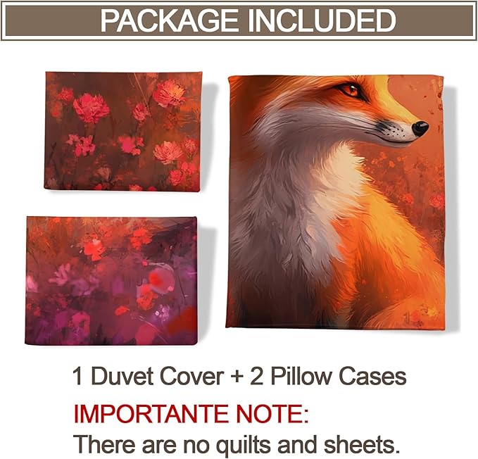 Red Fox Duvet Cover King Size, Beautiful Wild Fox Bedding Set 3 Piece Bedroom Decor Fantasy Decorative Comforter Cover with Zipper Ties & 2 Pillowcases