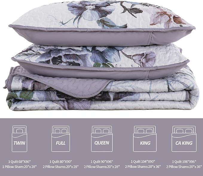 Drucon Purple Floral Quilt Set King Size 3 Pieces Purple Botanical Flower Quilt Coverlet Set Soft Microfiber Lightweight Quilted Bedspread for All Season 104"x90"