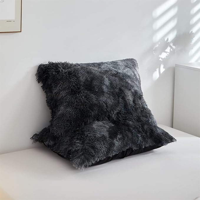 Wajade Faux Fur Plush Black Comforter Set Fluffy Fuzzy Shaggy Bedding Set - 3PC Full/Queen Microfiber Soft Warm Quilt Set