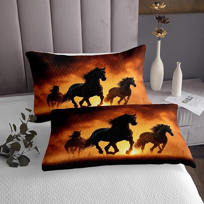 Horse Bedspread Twin, Western Animal Coverlet Set Wild Horse Printed Bedspread Quilt Set for Kids Adult Boys Man Quilted, Soft Breathable Quilt Set for Room Decor, Black Brown