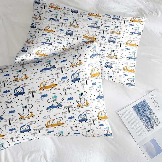Comforter Set Queen Size, Funny Car Dinosaur 7 Pcs Bedding for Kids and Adults, Adventure Nursery Dino Bed Sheet Sets with Fitted Sheet 2 Pillowcases & 2 Shams for Bedroom Bed Decor