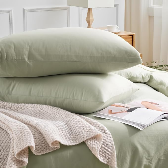 NEXHOME PRO Queen Duvet Cover Set – 100% Certified Organic Cotton with Washed Feel & Linen-Like Texture, Comfortable & Breathable, Home Bedding Set Sage Green (No Comforter)