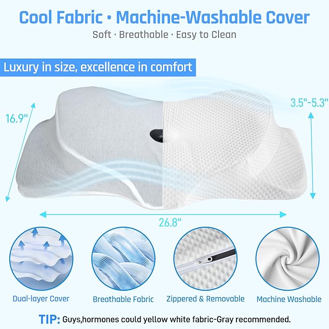 RestAssured Cervical Neck Pillow - Ergonomic Memory Foam Bed Pillows for Sleeping, Neck Pillows for Pain Relief, Back and Side Sleeper Pillow