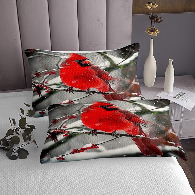 Erosebridal Boys Cardinals Bedspread Twin Size,Red Sparrows Coverlet Set Michigan Birds Bedding Set Winter Snowflake Quilt Set Finches Bedroom Decor for Child Youth Man