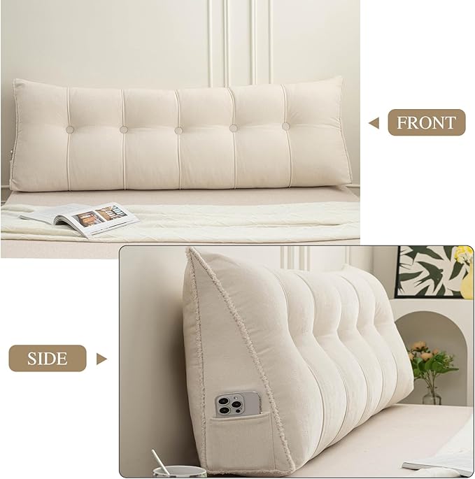 Headboard Pillow King, Chenille Triangular Wedge Pillow Headboard King Size, Reading Setting Backrest Daybed Pillows for Bed Sofa with Removable Cover, Beige