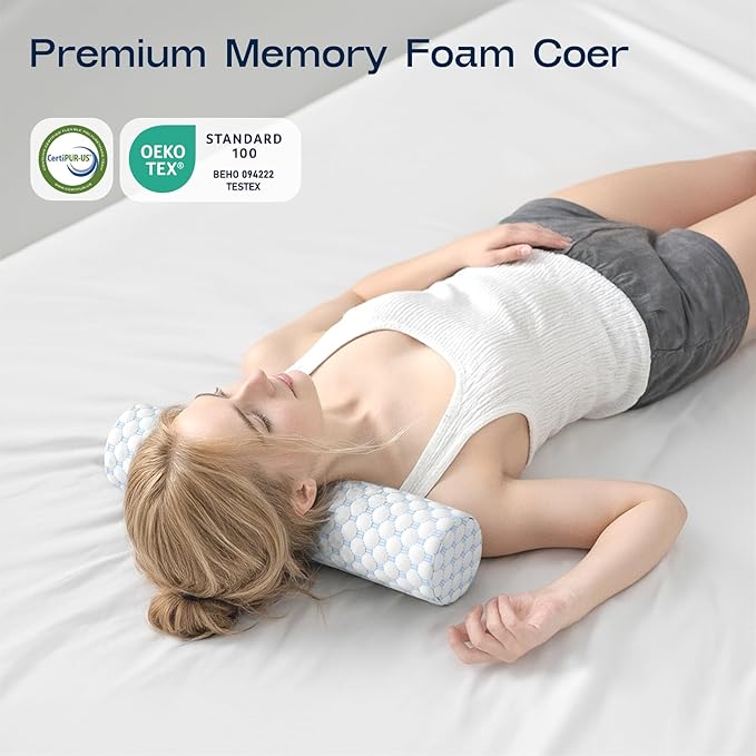Neck Roll Pillow, Memory Foam Neck Support Pillows, Round Neck Pillows, Cylinder Bolster Pillows for Bed, Couch, and Yoga, Removable Washable Cover,18 * 4.1 * 4.1inch (Cool-Blue)