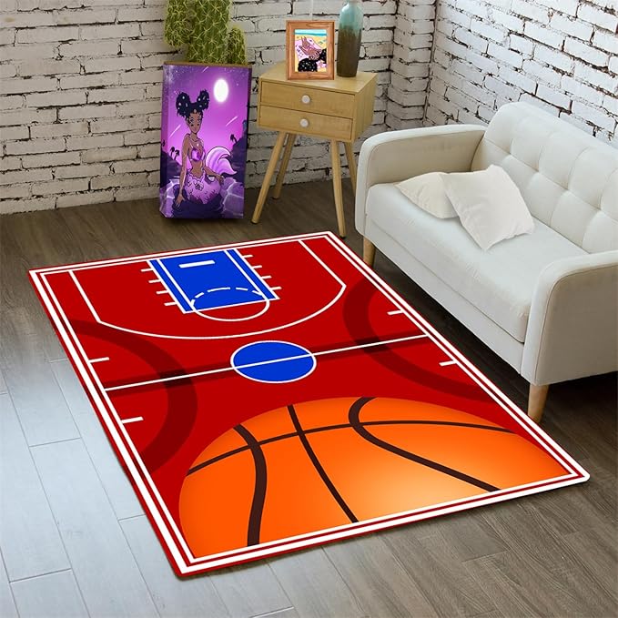 Basketball Court Rug - Basketball Rug for Boys Bedroom, Sports Decor for Boys Bedroom Kids Carpet, Sports Themed Carpets for Playroom Living Room Floor Mat or Door mat, 2x3 Feet