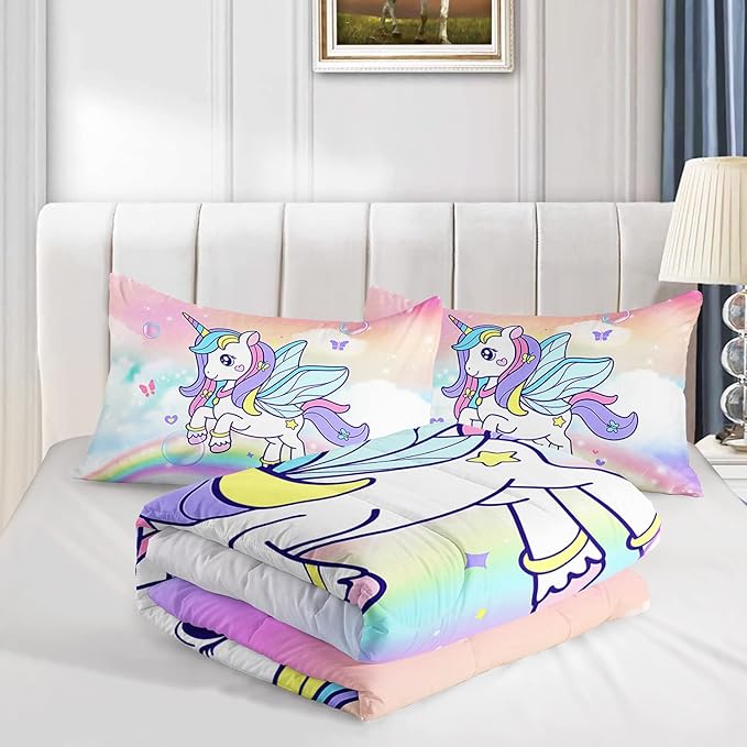 Unicorn Comforter Set for Girls Butterfly Bedding Set Rainbow Quilt Set Full with 1 Comforter and 2 Pillowcases