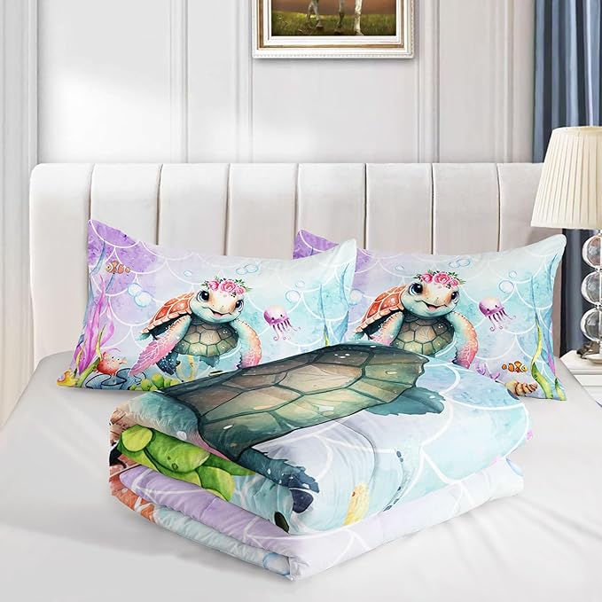 Cartoon Sea Turtle Comforter Set Mermaid Scale Turtle Printed Bedding Set with 1 Comforter and 2 Pillowcases for Boys and Girls Bedroom All Season(Turtle Twin)
