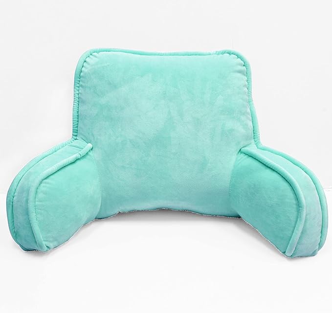 Super Soft Velvety Backrest Reading Bed Rest Pillow with Arms and Pockets 18" H for Sitting in Bed Couch Sofa, Back Support Wedge Cushion with Removable Cover, 20" x 18" x17", Pastel Blue