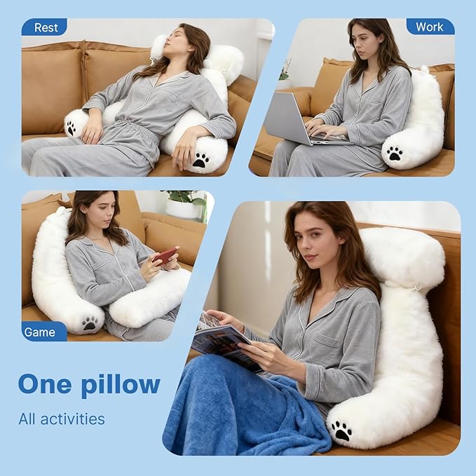 Reading Pillow Plus, Crystal Velvet Back Pillow Bed Sitting Up for Adult & Children, Back Rest Pillow Support for Reading & Rest Bed, Add Height and Removable Pillows Design, for Xmas Gift, Lvory