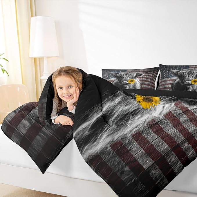 Feelyou Highland Cattle Bedding Set Sunflower Highland Cow Comforter Set for Kids Boys Girls America Flag Bull Comforter Animal Quilt Set 1 Comforter Set with 2 Pillowcases King Size