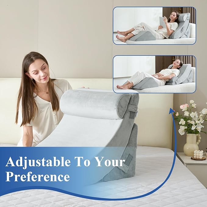 4PCS Orthopedic Bed Wedge Pillow Set, Post Surgery 45D Memory Foam for Back, Neck, and Leg Pain Relief Pleasing & Adjustable Support Pillows-Ease Acid Reflux & GRED with Better Sleep, Light Grey