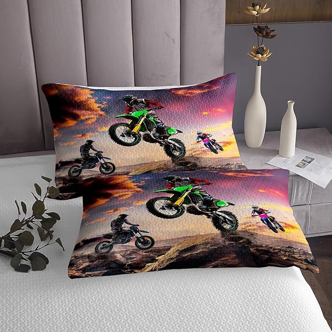 Motorbike Bedspread Quilt Set Queen Size, Boys Motocross Rider Coverlet, Teens Racing Motorcycle Dirt Bike Bedspread Kids Child, Vehicles Extreme Sport Quilted, Kids Car Theme Room Decor