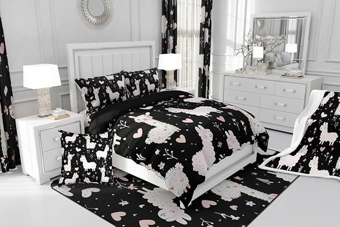 jejeloiu Cute Llama Comforter Set All Season Pink Love Heart Bedding Set with 2 Pillow Cases Floral Flower Microfiber Kids Full Bedclothes Kawaii Animal Bedroom Decor Duvet Quilt Soft