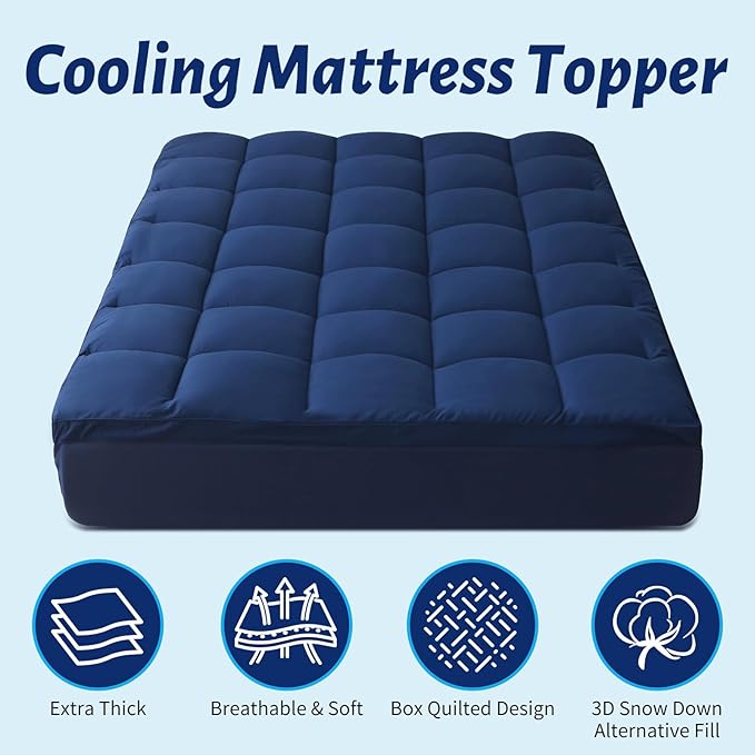 Mattress Topper with Deep Pocket, Extra Thick Pillow Top Mattress Pad, Breathable & Cooling Mattress Cover, Fits 8-21 Inch, Soft Support for Back Pain Relief, Mattress Protector (Queen, Navy Blue)