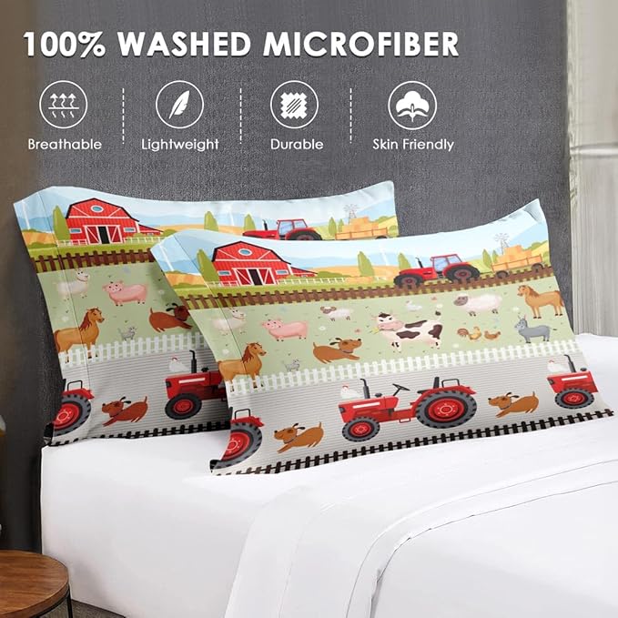 Twin Size Comforter Set with Pillowcase, Farm Tractor Animal Soft 2 Pcs Bedding for Kids and Adults, Barn House Cute Comforter Set for Room Bedroom Bed Decor