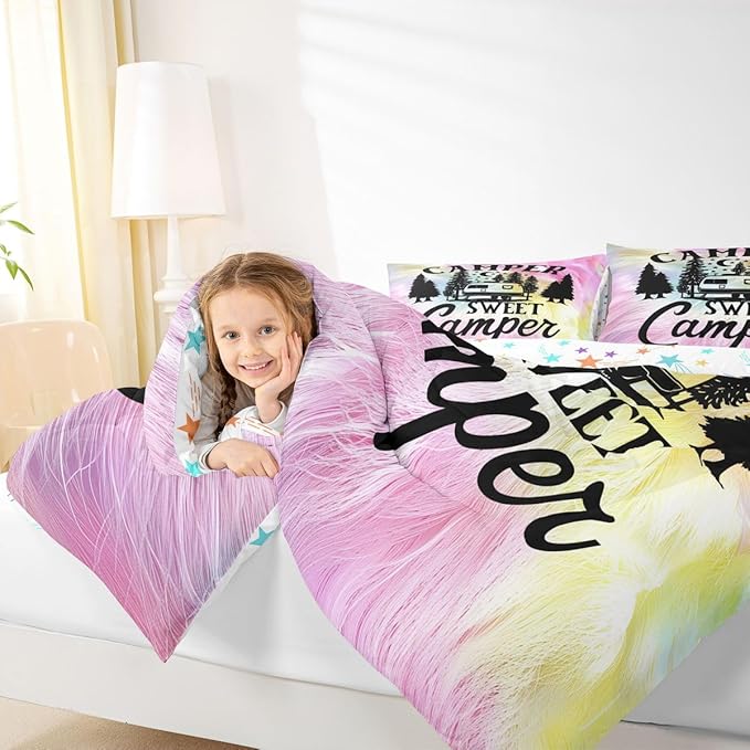Feelyou Camper Comforter Set Kids Farmhouse Happy Camping Bedding Set Queen Women Men Pink Cow Fur Print Decor Comforter Soft Rustic Camper Van Quilt Boys