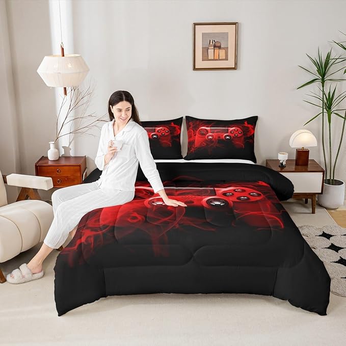 Feelyou Kids Gaming Comforter Set Twin Size Gamer Bedding Set for Boys Teens Gamer Bedroom Decor Youth Video Game Comforter Red Black with 1 Pillow Case