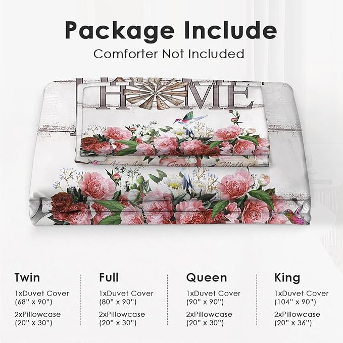 Rose Flower Theme 3 Pieces Duvet Cover Comforter Set with 2 Pillowcase Queen Size Pink Peony Floral Bed Sheet Quilt Bedroom Bedding for Lover Kids