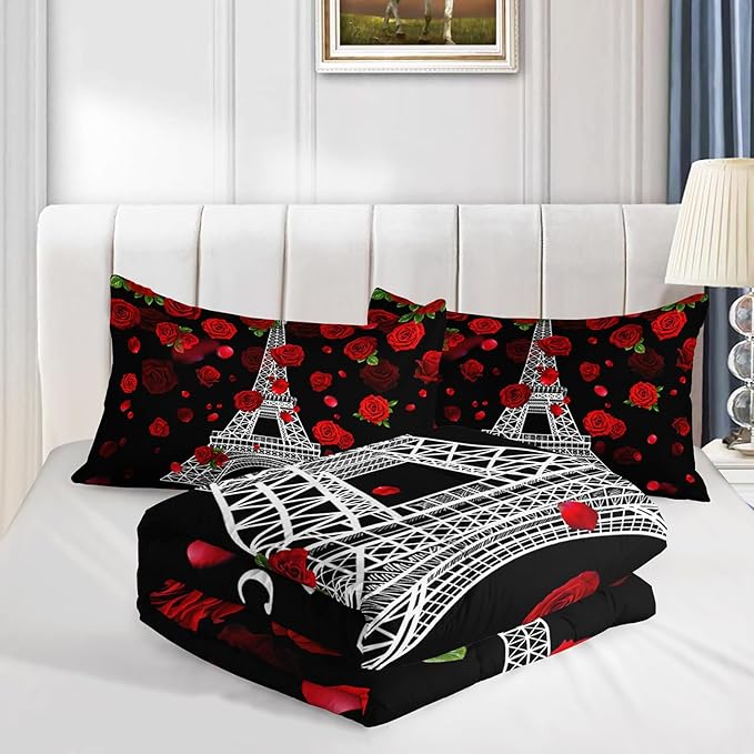 Eiffel Tower Comforter Set Queen Size Girls Red Rose Paris Bedding Set Romantic Theme Decor Adult Women Couple Quilted Bed Set with 1 Comforter and 2 Pillowcases