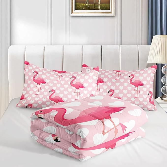 Flamingo Comforter Set Twin Size Tropical Pink Flamingo Love Heart Pattern Bedding Set Kawaii Quilted Duvet for Kids Girls Boys Adult with 1 Comforter and 2 Pillowcases