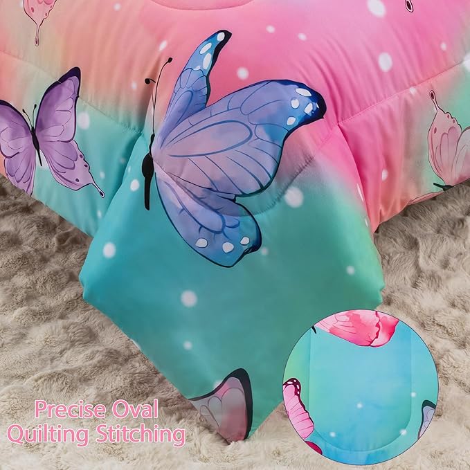 Butterfly Comforter Set Twin Size 6 Piece Bed in A Bag Colorful Flowers Leaves Bedding Set for Kids Teens Super Soft All Season - Rainbow