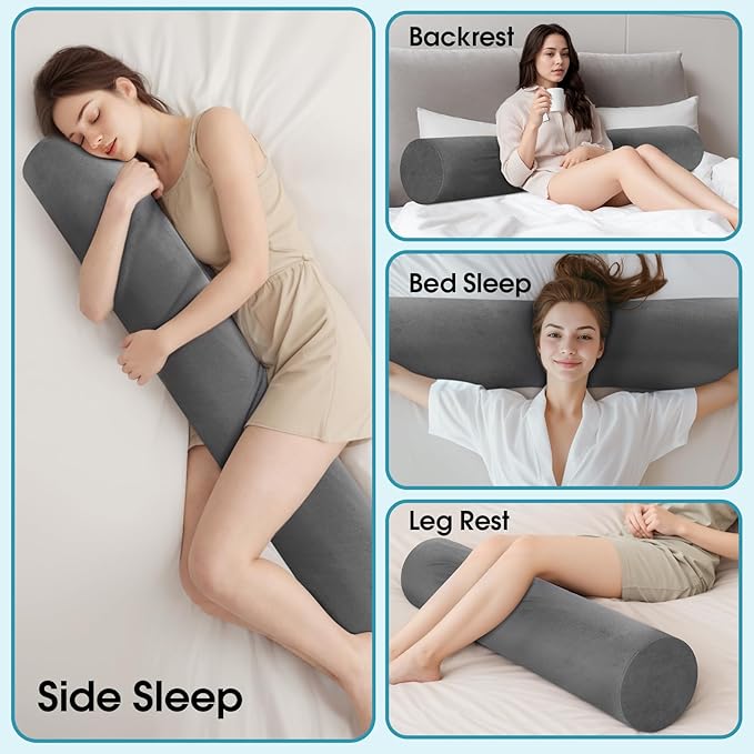 Memory Foam Body Pillow for Bed, Long & Big Full Body Pillows for Adults, Multifunctional Bolster Pillows with Removable & Washable Velvet Cover, Cylindrical Side Pillow (55.12"*7.9")