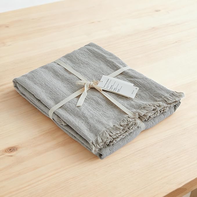 Simple&Opulence 100% Linen Throw Blanket 55x75 inches, Farmhouse Boho Tassel Blanket for Couch, Bed, Sofa, Breathable Natural Cozy Décor, Linen