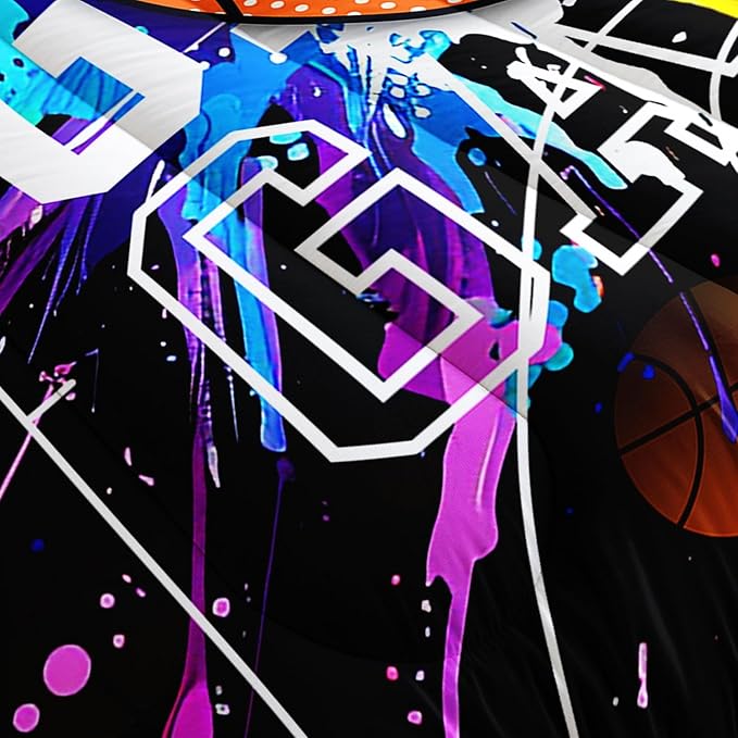 Cartoon Basketball Printed Comforter Set Ball Sports Bedding Set with 1 Comforter and 2 Pillowcases for Boys and Girls Bedroom All Season(Basketball-2 Full)