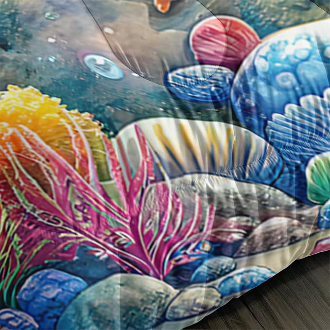 Cute Mermaid Comforter Set Full Size, Dolphin Coral Seaweed Fish Ocean Theme Bedding Set, Colorful Romantic Room Decor for Girls