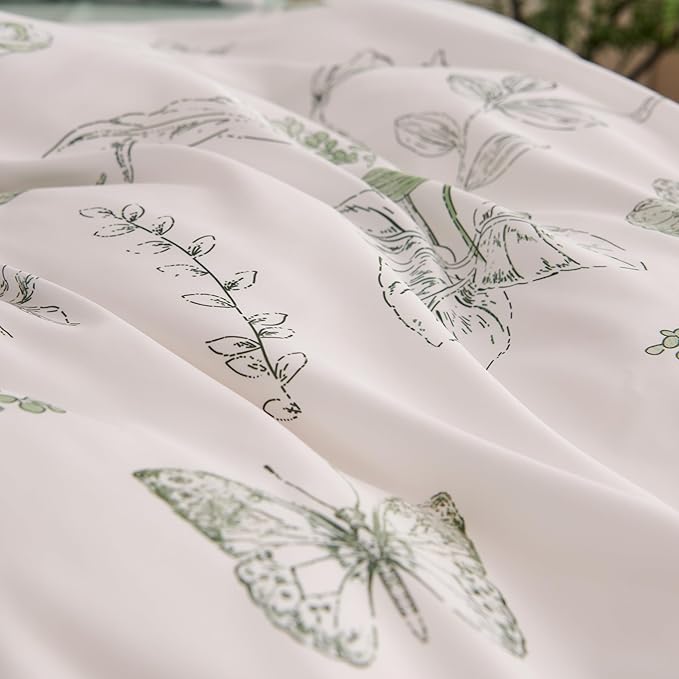 Floral Duvet Cover Queen Size Green Flower Butterfly Bedding Set 3Pcs Romantic Spring Garden Aesthetic Botanical Reversible Cooling Comforter Cover with Zipper Closure & Corner Ties