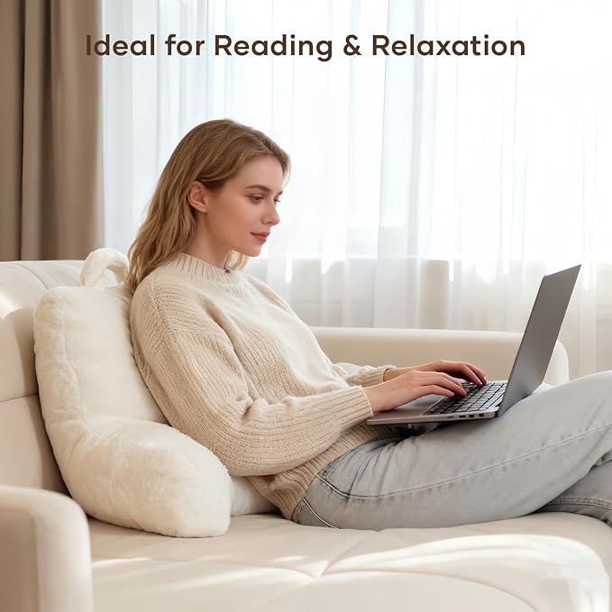 NOONTIDE Reading Pillow for Adults Sitting in Bed:Large Back Pillow with Detachable Neck Roll and Individual Cushion,Cover Washable Sit up Pillow,Watching TV/Gaming/Relaxing(FurryWhite)